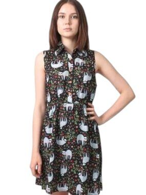 La Vie Lente Sloth Animal Print Sleeveless Shirt Dress